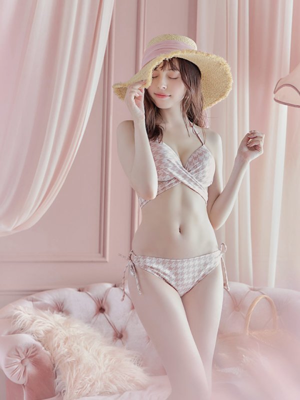 画像35: 【ビキニ】【水着】千鳥格子柄  バッククロスリボン クロスビキニ 2点セット[YMT] (35)