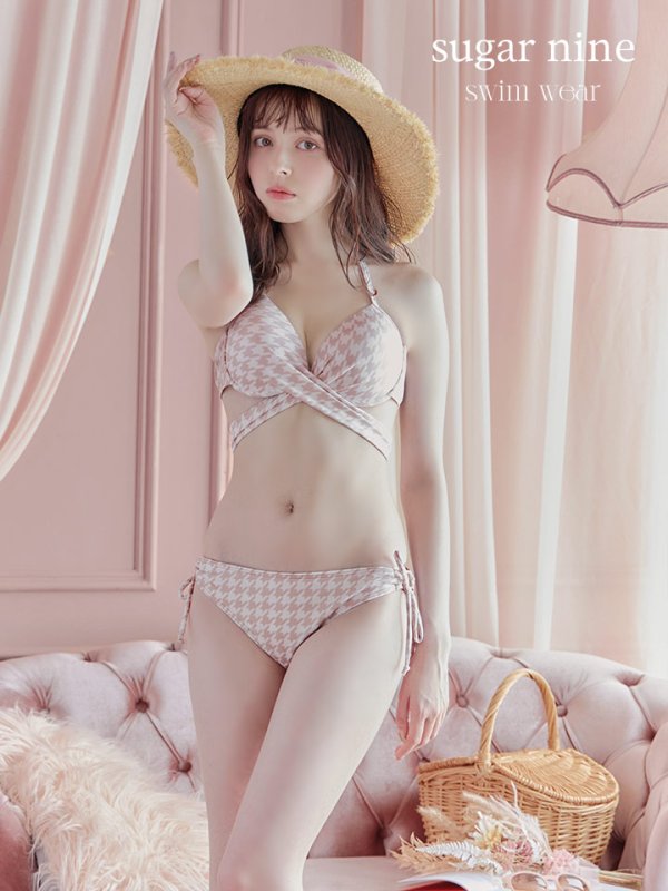 画像24: 【ビキニ】【水着】千鳥格子柄  バッククロスリボン クロスビキニ 2点セット[YMT] (24)