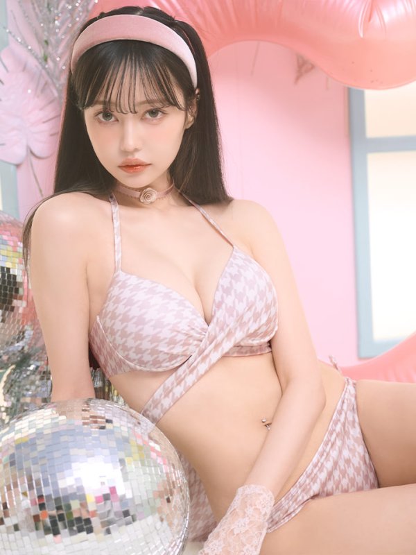画像9: 【ビキニ】【水着】千鳥格子柄  バッククロスリボン クロスビキニ 2点セット[YMT] (9)