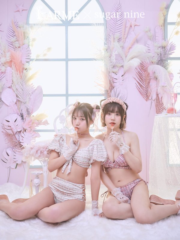 画像3: 【即日発送】【ビキニ】【水着】パフスリーブ 2way ツイードプリント ビキニ 2点セット[YMT] (3)