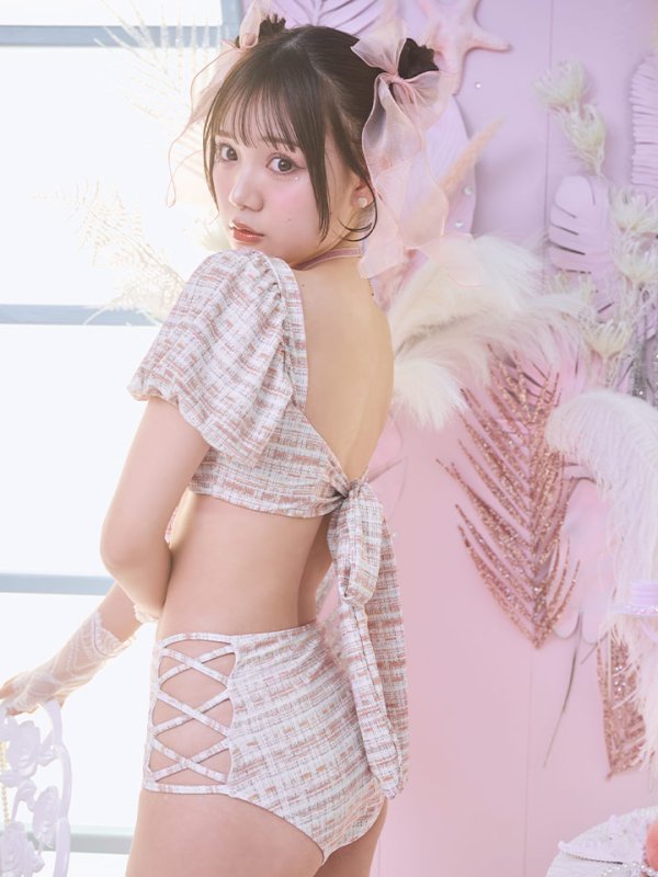 画像5: 【即日発送】【ビキニ】【水着】パフスリーブ 2way ツイードプリント ビキニ 2点セット[YMT] (5)