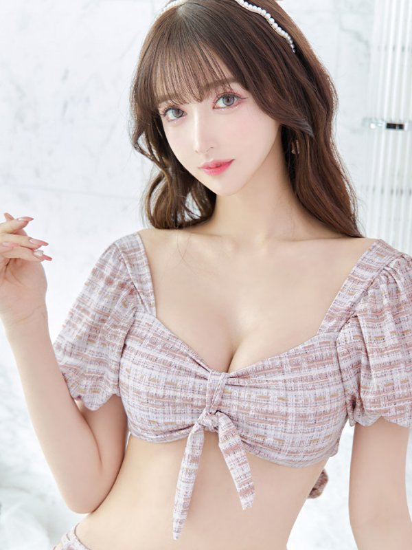 画像12: 【即日発送】【ビキニ】【水着】パフスリーブ 2way ツイードプリント ビキニ 2点セット[YMT] (12)