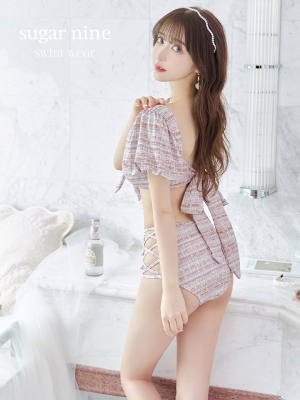 画像3: 【即日発送】【ビキニ】【水着】パフスリーブ 2way ツイードプリント ビキニ 2点セット[YMT] (3)