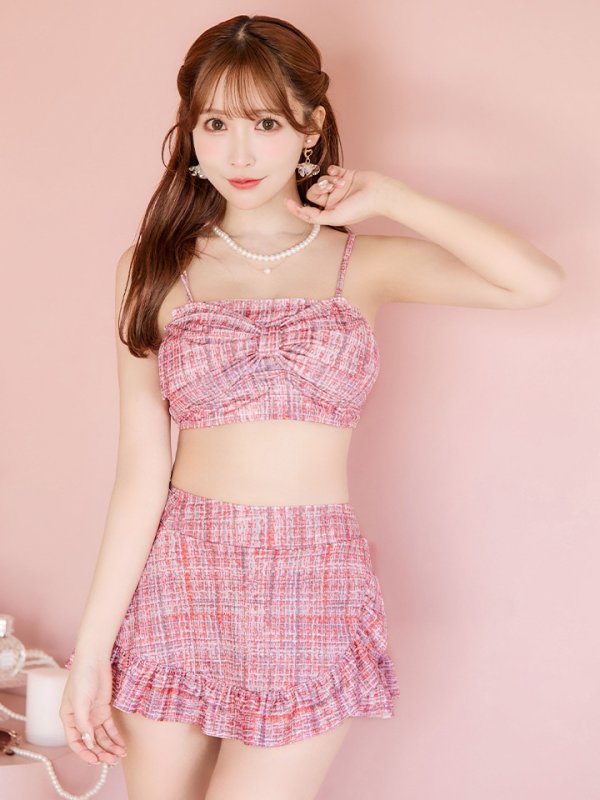 画像2: 【即日発送】【ビキニ】【水着】2WAYツイード柄ビッグリボンビキニ 2点セット[YMT] (2)