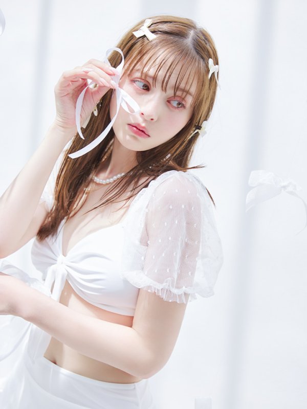 画像5: 【即日発送】【ビキニ】ドットシアースリーブスカート付きビキニ 3点セット【水着】[YMT] (5)