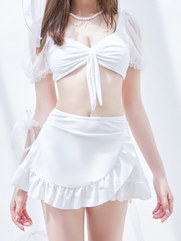 画像15: 【即日発送】【ビキニ】ドットシアースリーブスカート付きビキニ 3点セット【水着】[YMT] (15)