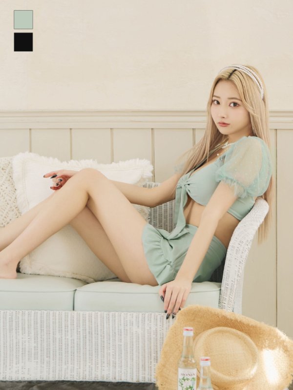 画像2: 【即日発送】【ビキニ】ドットシアースリーブスカート付きビキニ 3点セット【水着】[YMT] (2)