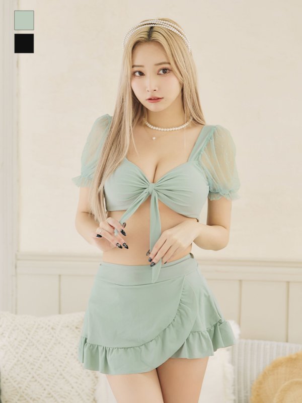 画像3: 【即日発送】【ビキニ】ドットシアースリーブスカート付きビキニ 3点セット【水着】[YMT] (3)