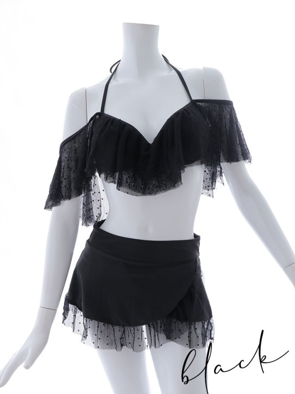 画像20: 【即日発送】【ビキニ】ドットシアーオフショルスカート付きビキニ 3点セット【水着】[YMT] (20)