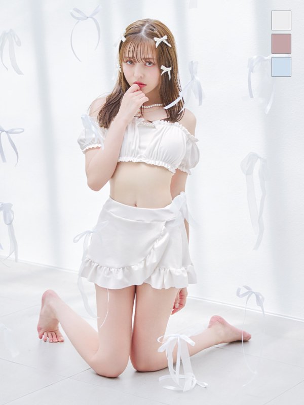 画像1: 【ビキニ】【水着】袖付きシャーリングトップス 4点セット【予約 / 7月上旬発送予定】[YMT] (1)