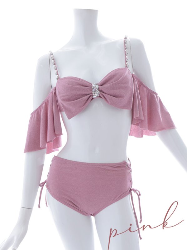 画像40: 【即日発送】【ビキニ】【水着】ハイウエストビッグラメリボン&ビジューキャミソールビキニ 2点セット[YMT] (40)