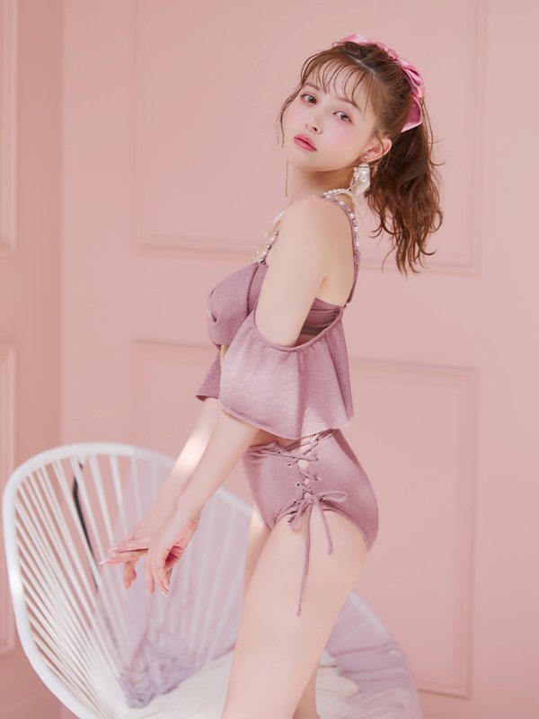 画像13: 【即日発送】【ビキニ】【水着】ハイウエストビッグラメリボン&ビジューキャミソールビキニ 2点セット[YMT] (13)