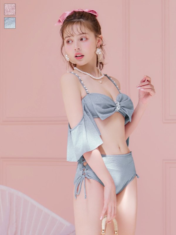 画像19: 【即日発送】【ビキニ】【水着】ハイウエストビッグラメリボン&ビジューキャミソールビキニ 2点セット[YMT] (19)