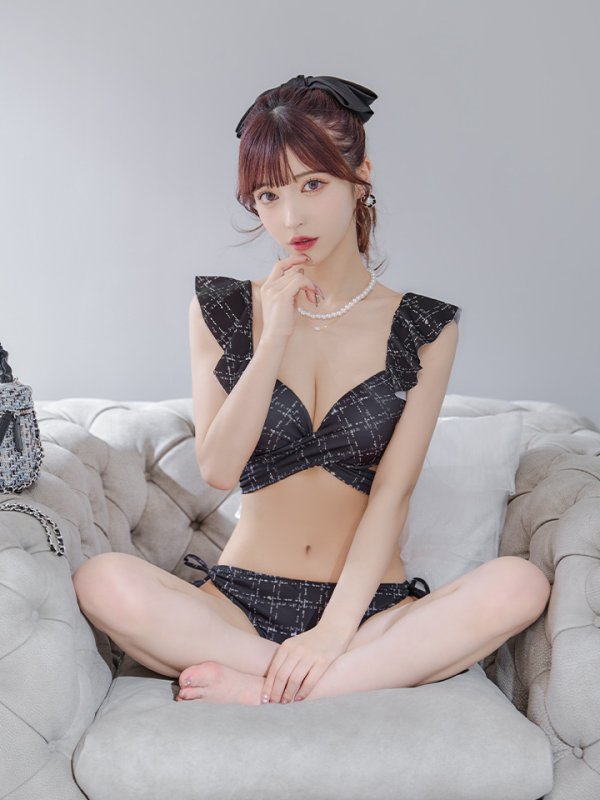 画像1: 【即日発送！】【ビキニ】バックリボン肩フリルツイード柄ビキニ 2点セット【水着】[YMT] (1)