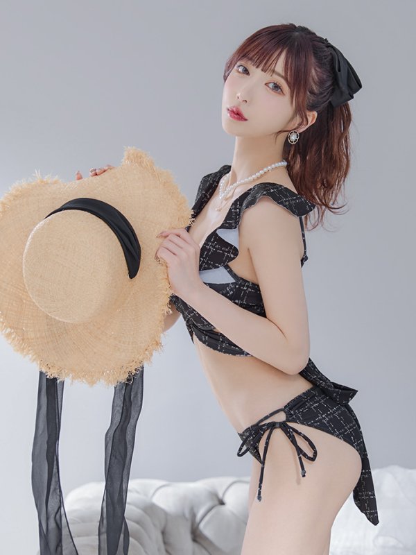 画像2: 【即日発送！】【ビキニ】バックリボン肩フリルツイード柄ビキニ 2点セット【水着】[YMT] (2)