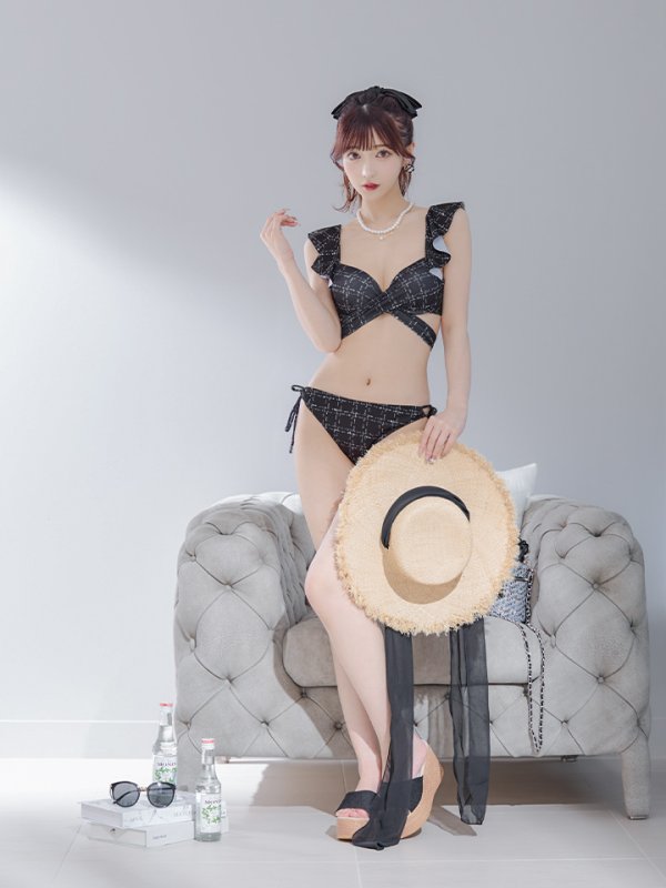 画像5: 【即日発送！】【ビキニ】バックリボン肩フリルツイード柄ビキニ 2点セット【水着】[YMT] (5)