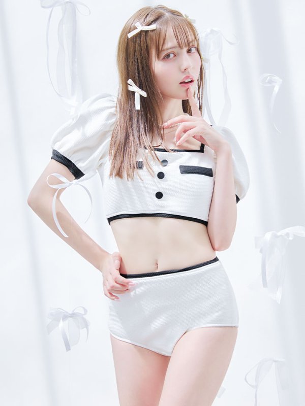 画像7: 【即日発送！】【ビキニ】韓国っぽパフスリパイピングビキニ 2点セット【水着】[YMT] (7)