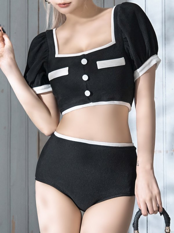 画像38: 【即日発送！】【ビキニ】韓国っぽパフスリパイピングビキニ 2点セット【水着】[YMT] (38)