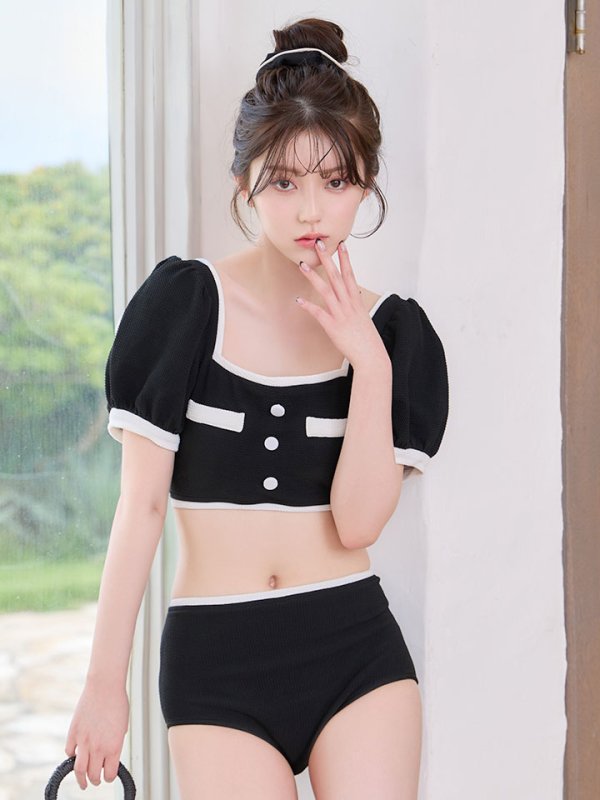 画像2: 【即日発送！】【ビキニ】韓国っぽパフスリパイピングビキニ 2点セット【水着】[FB01] (2)