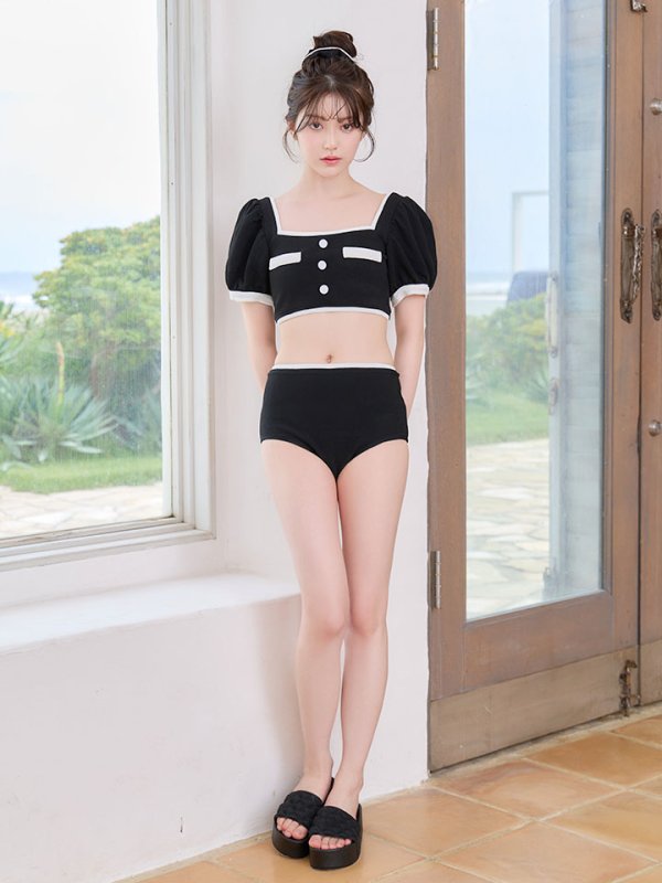 画像7: 【即日発送！】【ビキニ】韓国っぽパフスリパイピングビキニ 2点セット【水着】[FB01] (7)