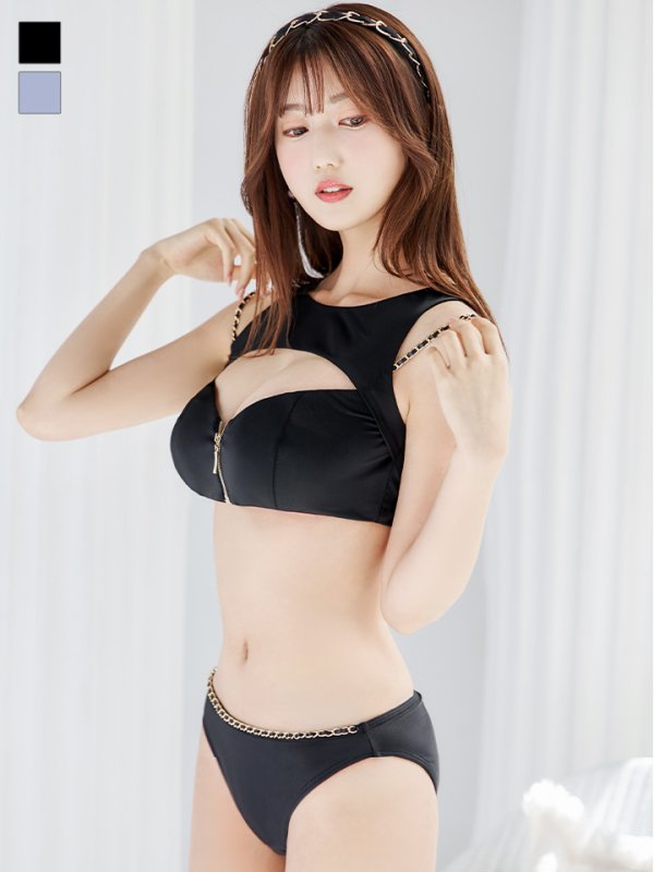 画像3: 【即日発送】【ビキニ】【水着】バストオープン＆ジップチェーンビキニ 2点セット[YMT] (3)