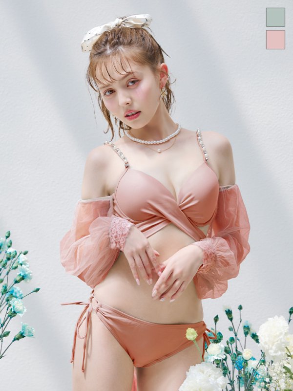 画像6: 【即日発送】【ビキニ】【水着】ふんわりシアー長袖ビキニ 2点セット[YMT] (6)