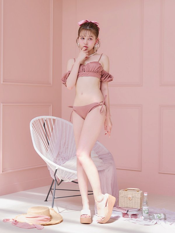 画像17: 【即日発送】【ビキニ】【水着】くしゅっとオフショル袖シンプルビキニ 2点セット[YMT] (17)