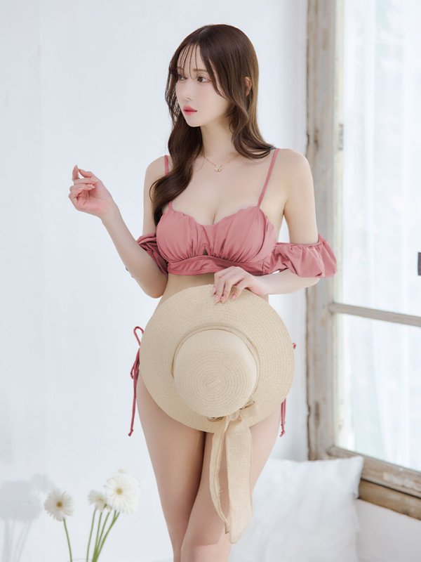 画像2: 【即日発送】【ビキニ】【水着】くしゅっとオフショル袖シンプルビキニ 2点セット[YMT] (2)