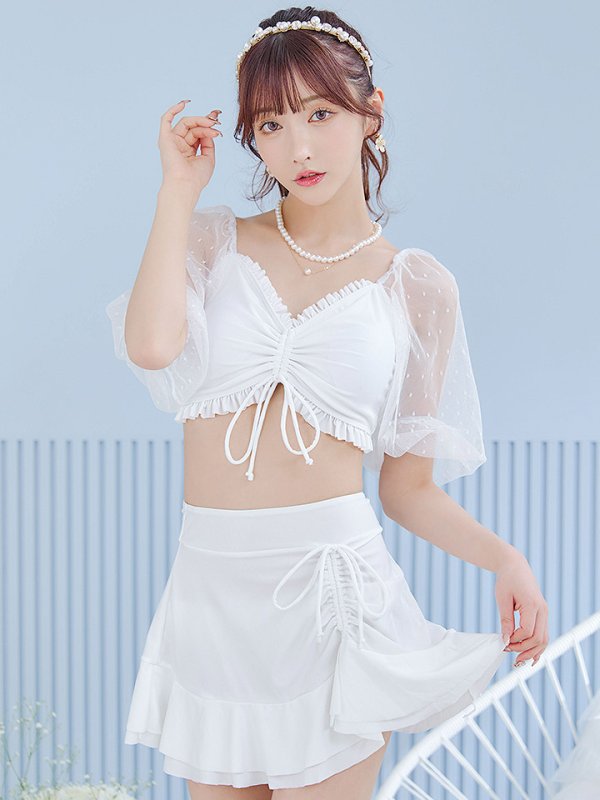 画像2: 【即日発送！】【ビキニ】【水着】ドットチュール袖バストフリルビキニ 3点セット[YMT] (2)