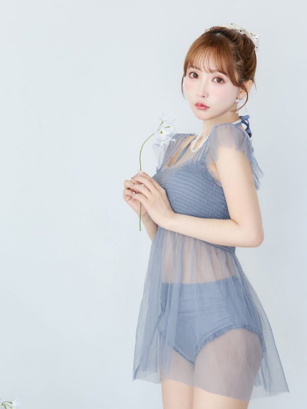 画像14: 【即日発送】【ビキニ】【水着】シアーチュニック付きハイウエストビキニ 3点セット[YMT] (14)