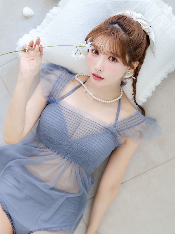 画像16: 【即日発送】【ビキニ】【水着】シアーチュニック付きハイウエストビキニ 3点セット[YMT] (16)