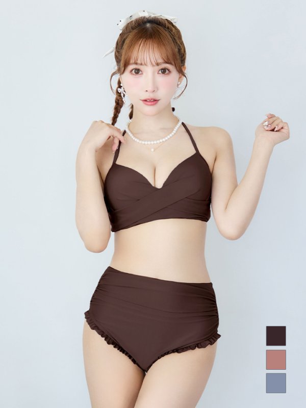 画像2: 【即日発送】【ビキニ】【水着】シアーチュニック付きハイウエストビキニ 3点セット[YMT] (2)