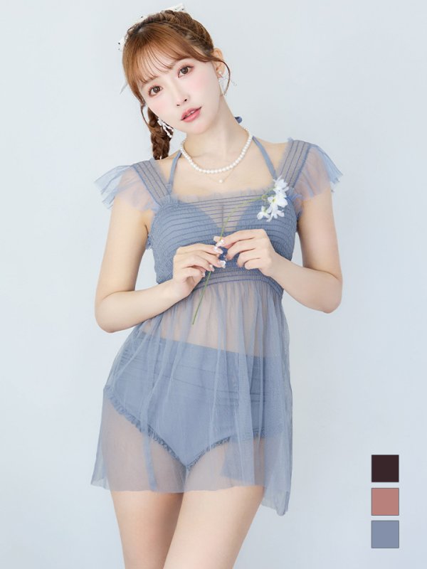 画像8: 【即日発送】【ビキニ】【水着】シアーチュニック付きハイウエストビキニ 3点セット[YMT] (8)