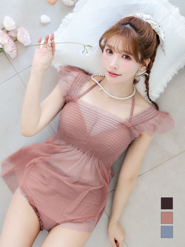 画像1: 【予約商品/7月上旬発送予定】【ビキニ】【水着】シアーチュニック付きハイウエストビキニ 3点セット[YMT] (1)