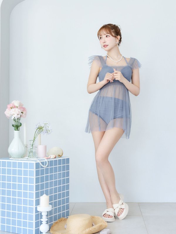 画像9: 【即日発送】【ビキニ】【水着】シアーチュニック付きハイウエストビキニ 3点セット[YMT] (9)