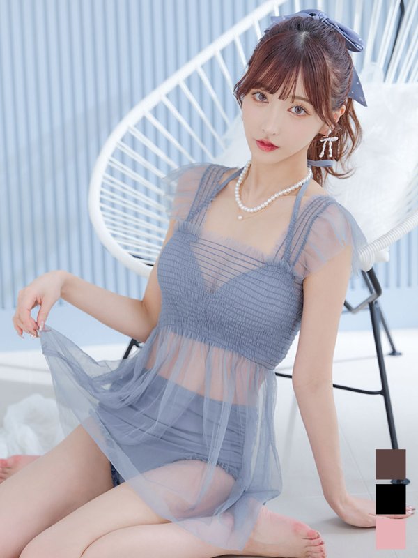 画像1: 【予約商品/7月上旬発送予定】【ビキニ】【水着】シアーチュニック付きハイウエストビキニ 3点セット[YMT] (1)