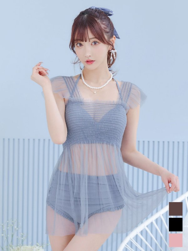 画像19: 【即日発送】【ビキニ】【水着】シアーチュニック付きハイウエストビキニ 3点セット[YMT] (19)