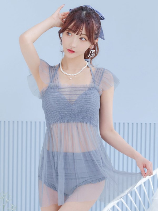 画像24: 【即日発送】【ビキニ】【水着】シアーチュニック付きハイウエストビキニ 3点セット[YMT] (24)