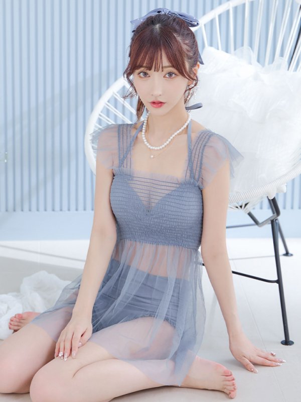 画像25: 【即日発送】【ビキニ】【水着】シアーチュニック付きハイウエストビキニ 3点セット[YMT] (25)