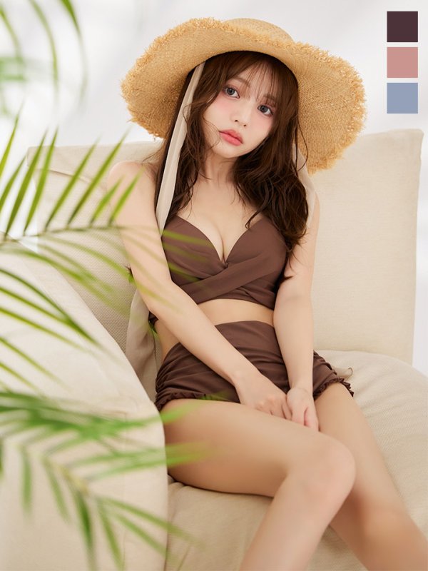 画像1: 【予約商品/7月上旬発送予定】【ビキニ】【水着】シアーチュニック付きハイウエストビキニ 3点セット[YMT] (1)