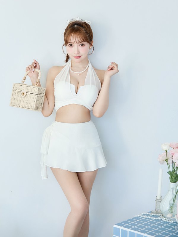 画像11: 【即日発送】【ビキニ】【水着】シアーホルターネックスカート付きビキニ 3点セット[YMT] (11)