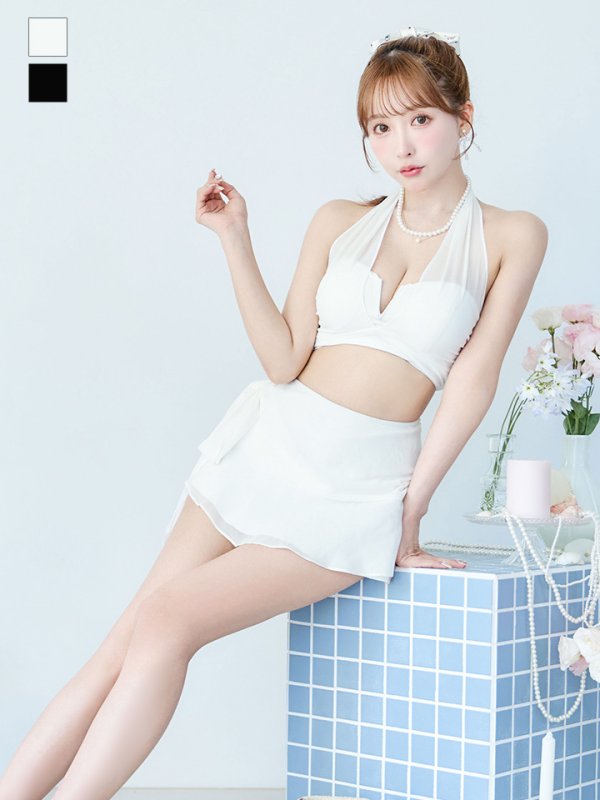 画像5: 【即日発送】【ビキニ】【水着】シアーホルターネックスカート付きビキニ 3点セット[YMT] (5)