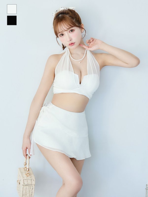 画像6: 【即日発送】【ビキニ】【水着】シアーホルターネックスカート付きビキニ 3点セット[YMT] (6)