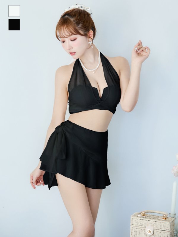 画像25: 【即日発送】【ビキニ】【水着】シアーホルターネックスカート付きビキニ 3点セット[YMT] (25)