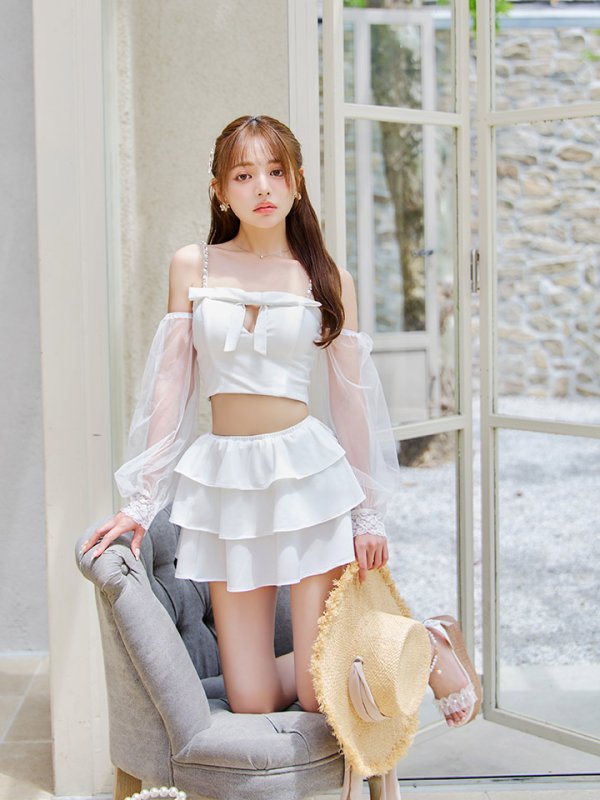 画像17: 【即日発送】【ビキニ】【水着】フリルティアードチュールリボンビキニ 3点セット[YMT] (17)