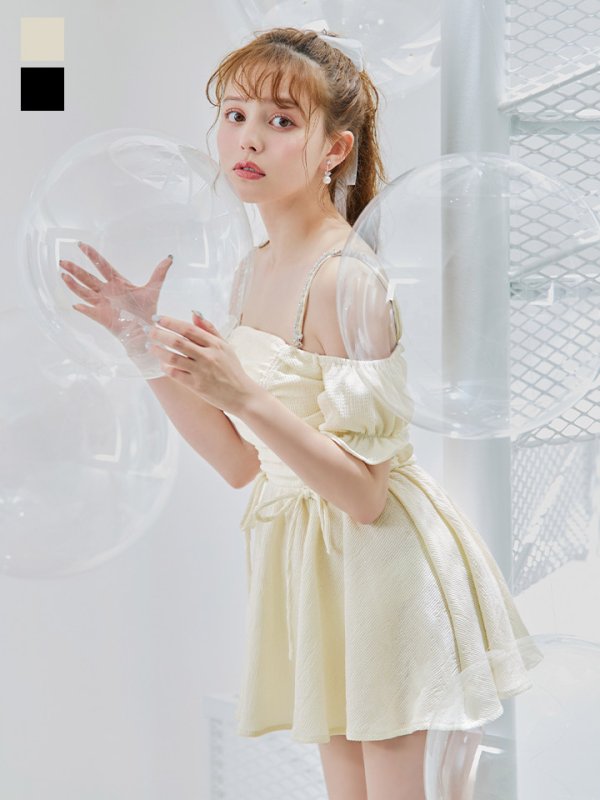 画像2: 【即日発送】【ビキニ】【水着】ビジューオフショルダーワンピースビキニ2点セット [FB01] (2)