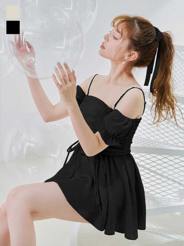 画像6: 【即日発送】【ビキニ】【水着】ビジューオフショルダーワンピースビキニ2点セット [FB01] (6)