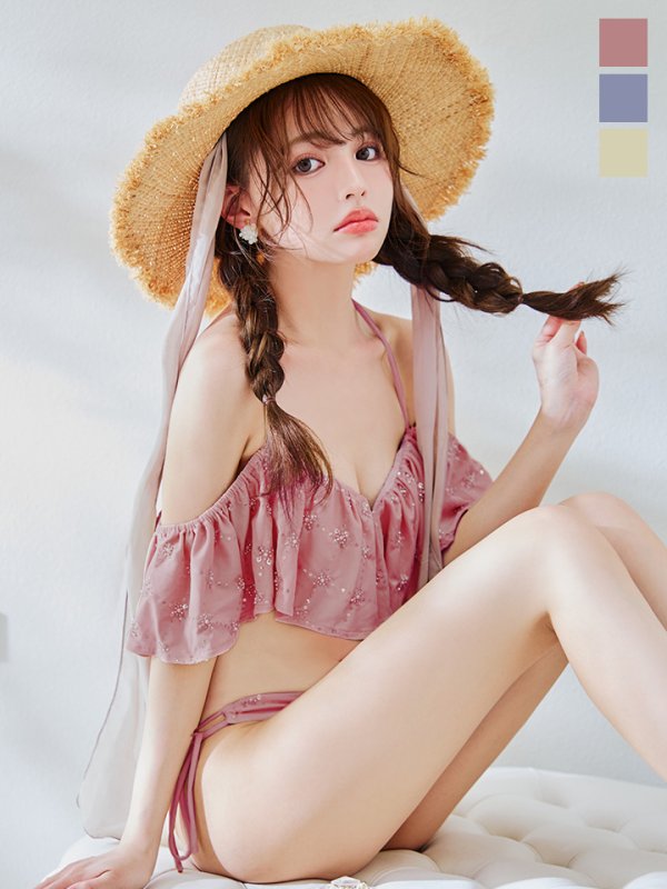 画像2: 【即日発送】【ビキニ】【水着】ビジューオフショルダーフリルビキニ 2点セット[YMT]M266dz (2)