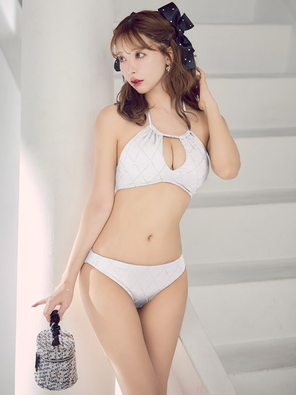 画像1: 【予約 / 6月上旬発送予定】【ビキニ】【水着】アーガイル風バストアップホルターネックビキニ 2点セット [YMT] (1)