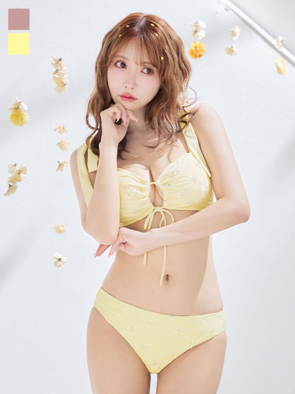 画像3: 【即日発送】【ビキニ】【水着】 ビジューギャザーフロントリボンビキニ ビキニ 2点セット[YMT]M276dzc (3)
